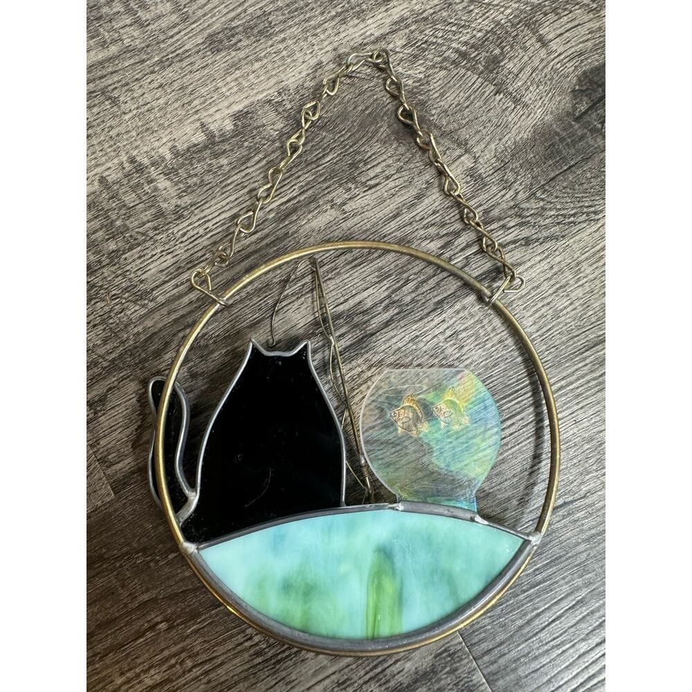 Primitive Black Cat Sun Catcher Stained Glass Window Fish Bowl Handmade 6 INCH - Picture 7 of 14